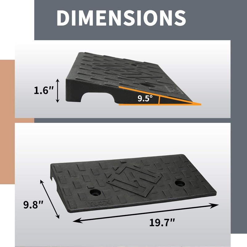 WECARLLE منحدرات مطاطية للمدخل والممرات بارتفاع 1.6 بوصة حزمة 2 19.68" طول × 9.84" عرض منحدر عتبة للسيارات والدراجات النارية وماكينات جز العشب سعة تحميل 7000 رطل - Image 2